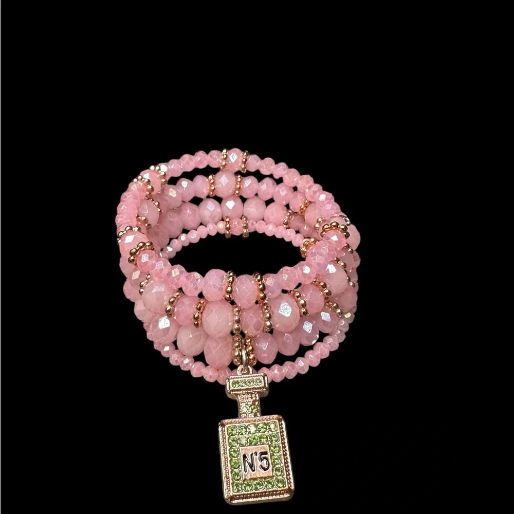 Pink Beaded Memory Bracelet with Perfume Bottle Charm - Picture 6 of 10